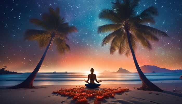 Create a serene beach scene at night with stars casting a gentle glow over deep blue and black shades of the night sky, palm trees silhouetted against the starlight, hibiscus petals scattered in vibrant hues along the sand, and a tranquil atmosphere, evoking a magical and slightly mysterious ambiance with the figure of a woman meditating on a yoga mat.