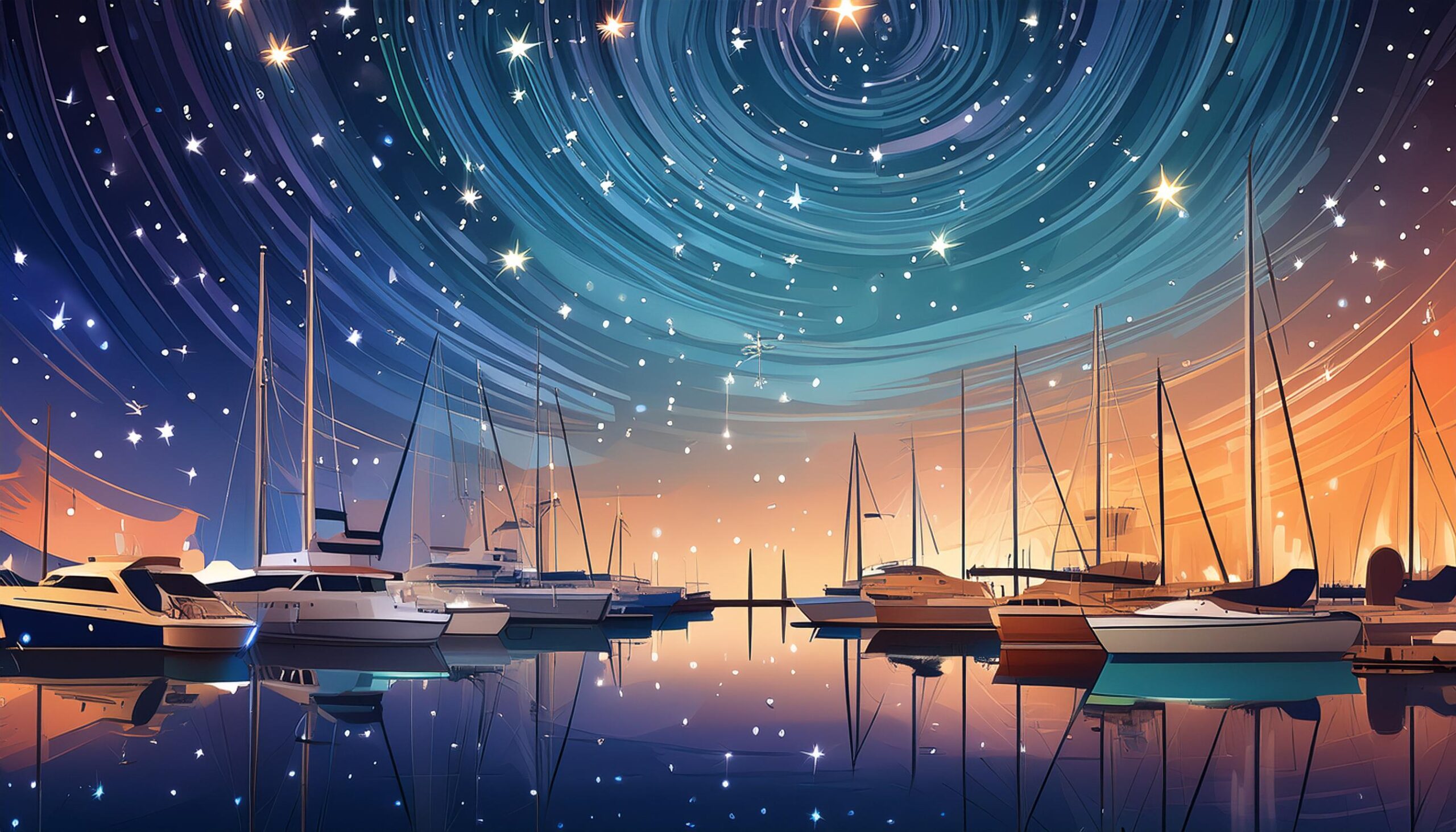 illustration of a calm marina at night